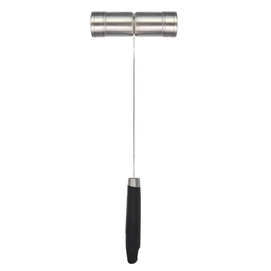 The Jim Beam Salt and Pepper Shaker by Jim Beam features a metal T-shaped design with a long handle, black grip, and stainless steel cylindrical roller at the top for convenient seasoning.