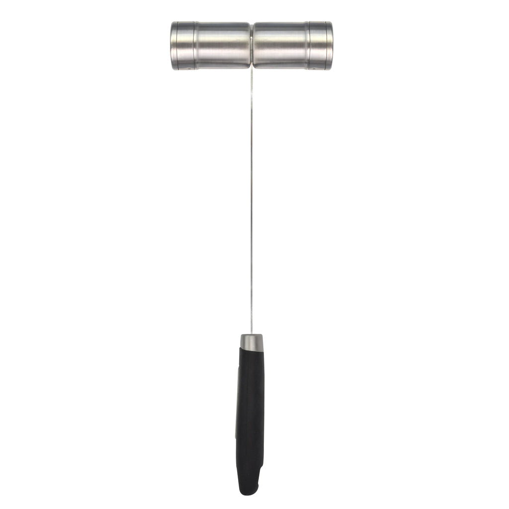 The Jim Beam Salt and Pepper Shaker by Jim Beam features a metal T-shaped design with a long handle, black grip, and stainless steel cylindrical roller at the top for convenient seasoning.