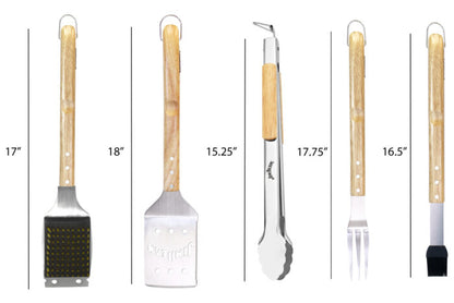 Jim Beam® 5 Piece Grill Tool Set showing a dimension basting brush, 16.5" long. fork, 17.75" long. tongs, 15.25" long. spatula, 18" long. grill brush, 17" long.