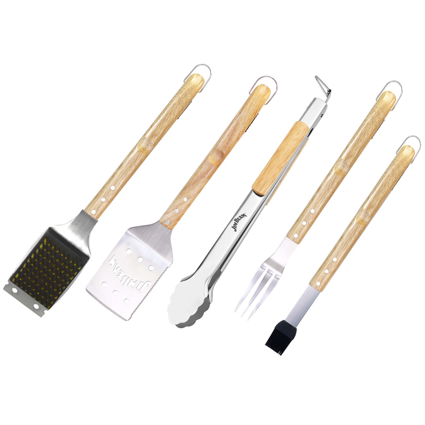 Jim Beam® 5 Piece Grill Tool Set displaying a basting brush, grilling fork, grilling tongs, spatula, grill brush. with para-wood handles.