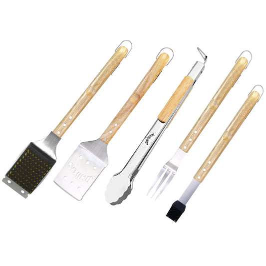 Grill like a pro with the Jim Beam 5-Piece Grill Tool Set by Jim Beam. This premium stainless steel set includes a grill brush, slotted spatula, tongs, fork, and basting brush—all with wooden handles—displayed on a white background.