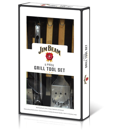 Jim Beam® 5 Piece Grill Tool Set with packaging box on white background.