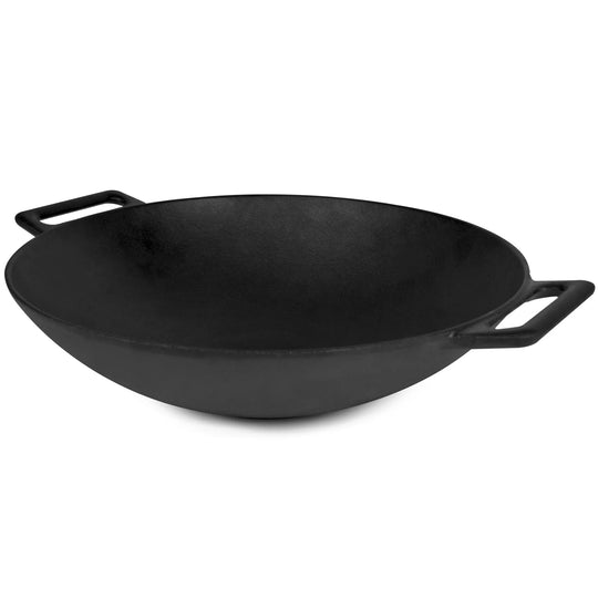The Jim Beam 12 Cast Iron Wok by Jim Beam features a black, pre-seasoned finish, wide round base, and dual rectangular side handles. This essential cooking tool is presented against a white background.