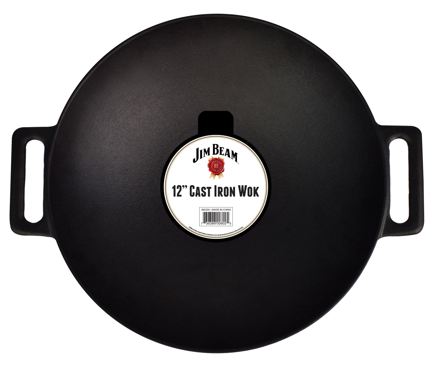 Jim Beam® 12" Black Cast Iron Wok with two handle with white box displaying on white background.