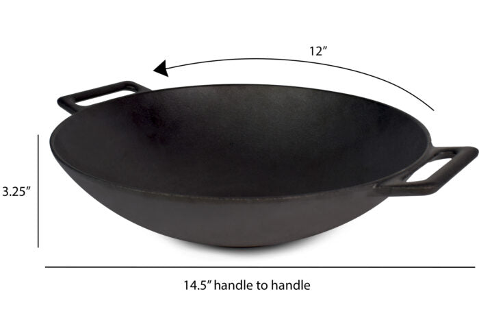 Jim Beam® 12" Black Cast Iron Wok with two handle showing dimension 14.5" x 12" x 3.25".