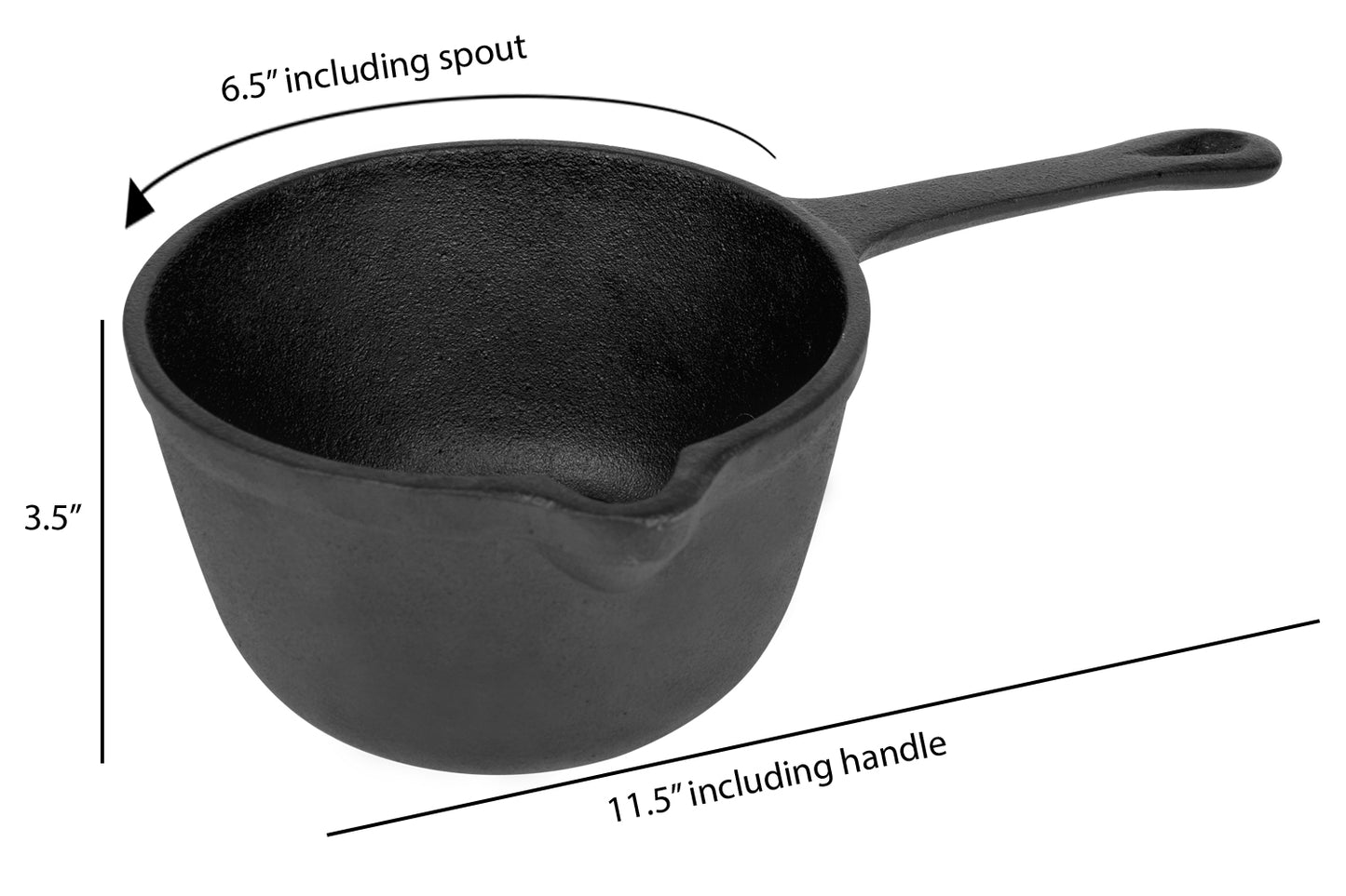 Jim Beam® Black Cast Iron Basting Pot showing dimension 11.5" x 6.5" x 3.5".