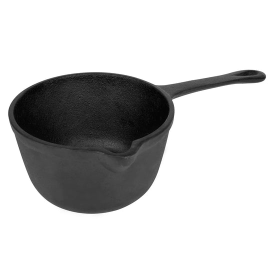 The Jim Beam Cast Iron Basting Pot, a small saucepan with a handle and easy-pour spout, ideal for melting butter, is shown on a white background.