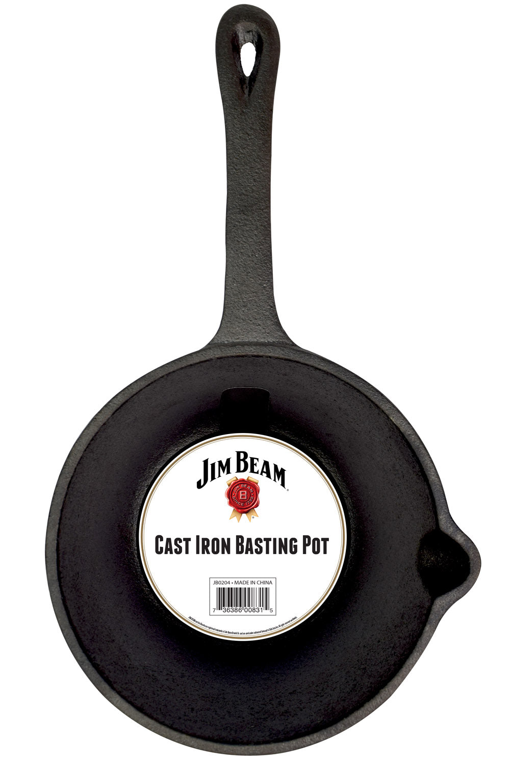 Jim Beam® Black Cast Iron Basting Pot with handle and label displaying on white background.