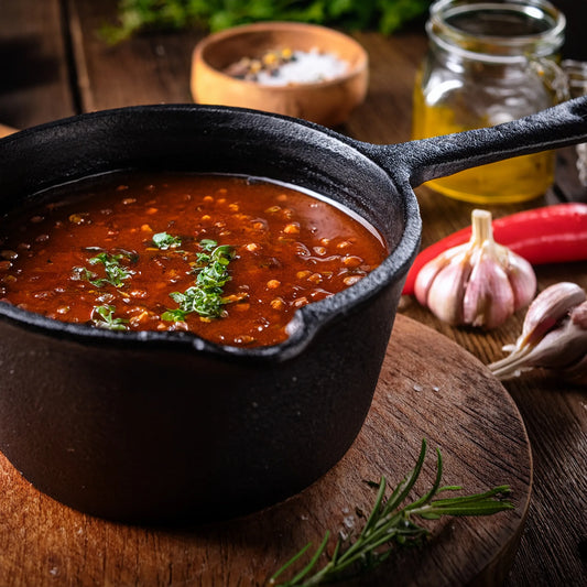 A Jim Beam Cast Iron Basting Pot, filled with thick tomato stew and fresh herbs, sits on a wooden board. Nearby are garlic cloves, a chili pepper, rosemary, olive oil, and a bowl of salt.