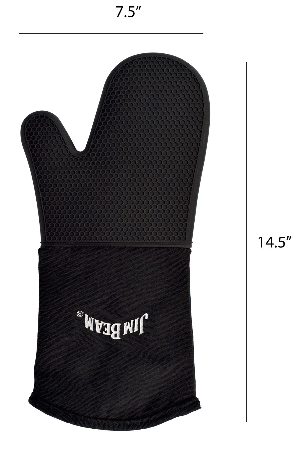 Black silicone grilling mitten with Jim Beam® logo printed displaying on a white background, featuring measurements indicating a 14.5-inch length, and 7.5-inch width.