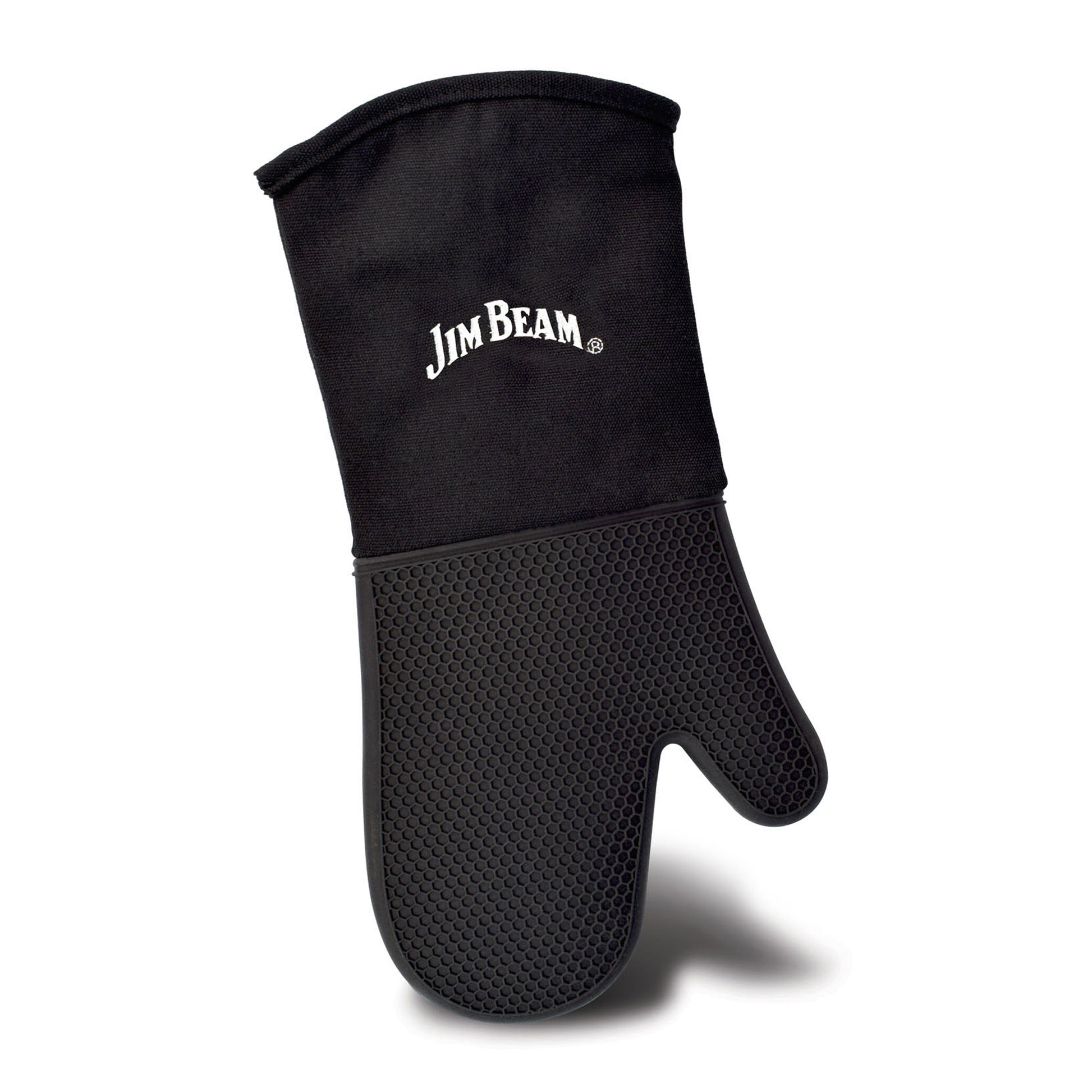 Black silicone grilling mitten with Jim Beam® logo printed displaying on a white background.