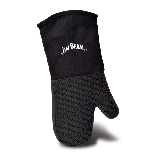 The Jim Beam Silicone Grilling Mitten is black with a textured silicone grip and features JIM BEAM printed in white on the fabric.