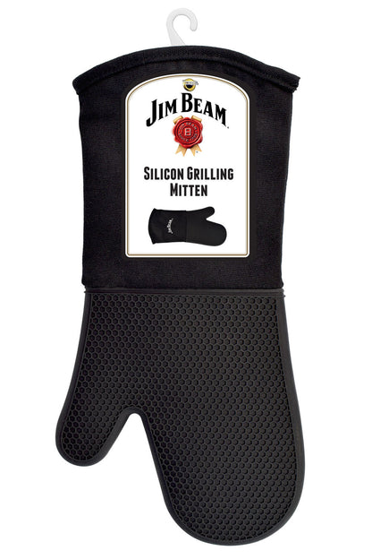 Jim Beam® black silicone grilling mitten with hanging clip displaying on a white background, featuring a white label on mitten with product information.