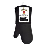 The Jim Beam Silicone Grilling Mitten features a black, heat-resistant design with a textured grip. It hangs on a white hook and displays the Jim Beam logo on its label.