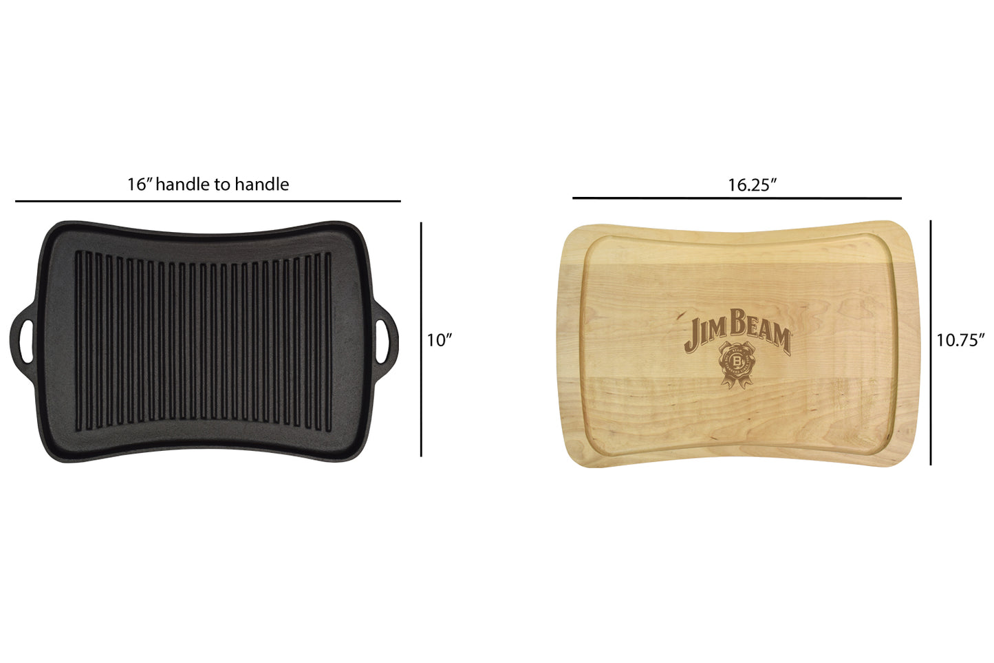 Jim Beam® Cast Iron Grill Pan with Wood Trivet showing dimension Grill Pan 16” x 10” x 0.75”, Wood Trivet 16.25” x 10.75” x 0.5”.