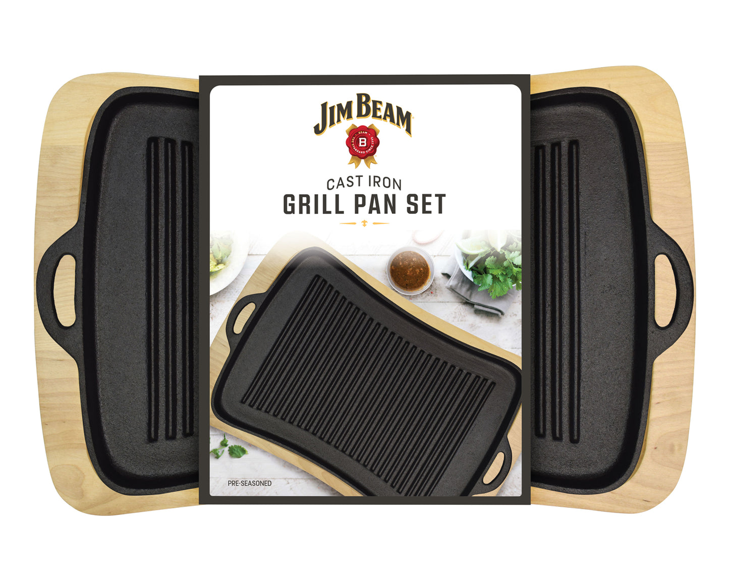 Jim Beam® Cast Iron Grill Pan with Wood Trivet with white label.