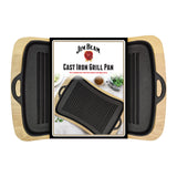 The Jim Beam Cast Iron Grill Pan Set, shown with wooden handles and branded packaging on a white background with food props, is a portable grill pan perfect for stovetop grilling.