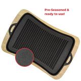The Jim Beam Cast Iron Grill Pan Set, a black rectangular pan with handles, sits on a wooden board. Text reads, Pre-Seasoned & ready to use! A circular inset highlights its textured surface—the top stovetop grill pan by Jim Beam.