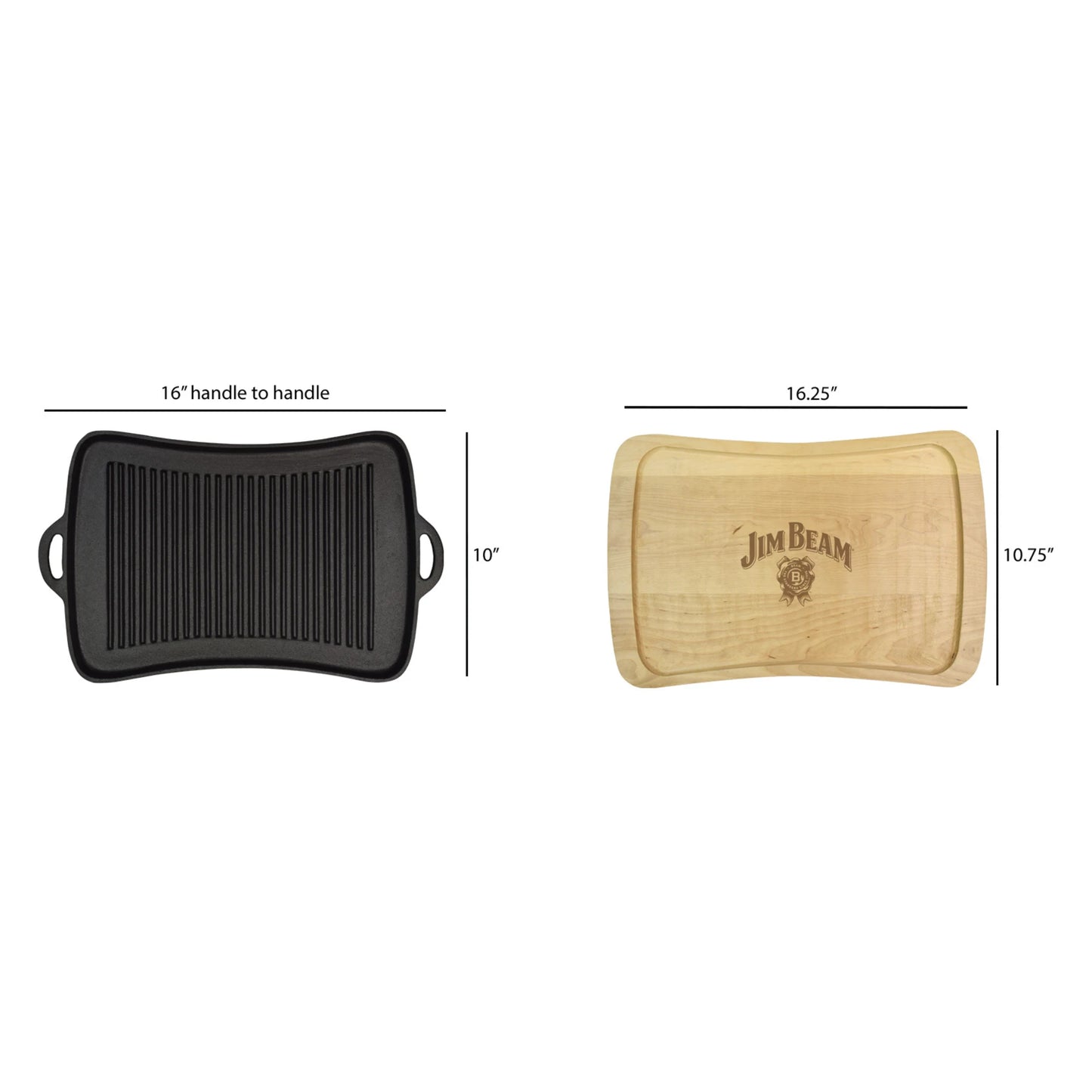 Side-by-side image of the Jim Beam Cast Iron Grill Pan Set: a black grill pan with handles (16 x 10) and a Jim Beam-branded rectangular wooden cutting board (16.25 x 10.75), both shown with measurements.