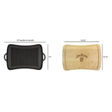 Side-by-side image of the Jim Beam Cast Iron Grill Pan Set: a black grill pan with handles (16 x 10) and a Jim Beam-branded rectangular wooden cutting board (16.25 x 10.75), both shown with measurements.