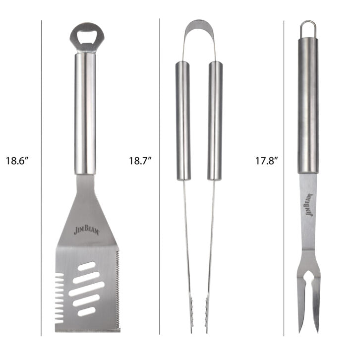 Image displaying a set of three stainless steel barbecue tools with dimensions: a spatula with bottle opener (18.6 inches), tongs (18.7 inches), and a fork (17.8 inches).