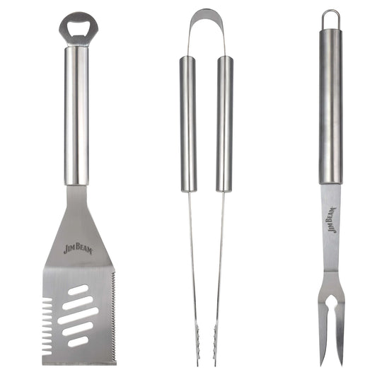 The Jim Beam 3 Piece BBQ Tool Set by Jim Beam features stainless steel tongs, a spatula with a bottle opener, and a BBQ fork, all arranged vertically on a white background to showcase this essential grilling set.