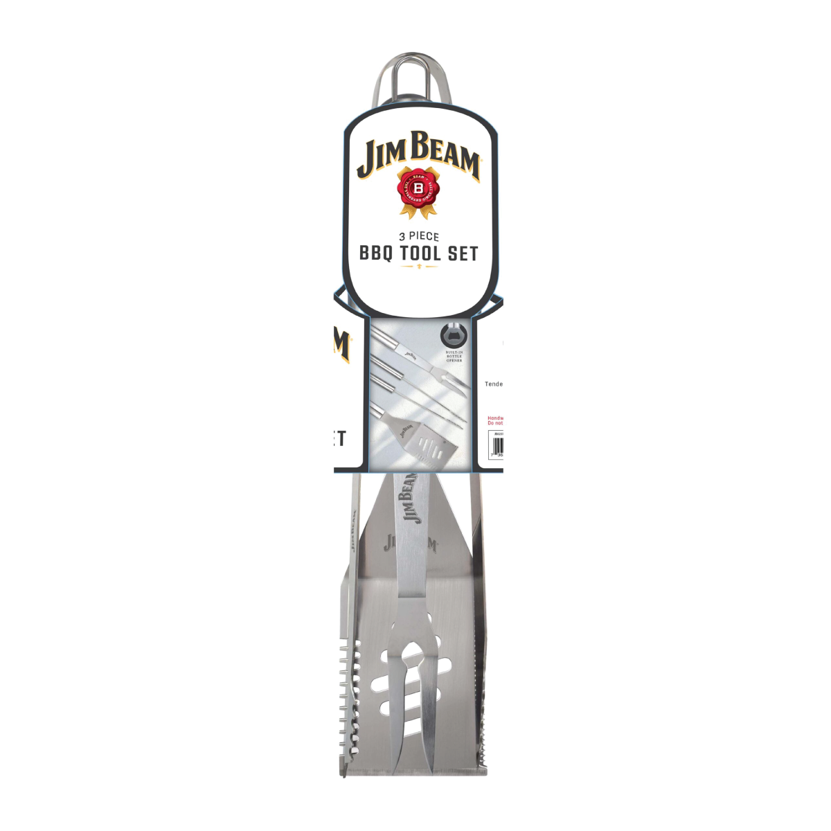 Packaging for a Jim Beam branded BBQ tool set, featuring an image of stainless steel grilling tools including tongs and a spatula.