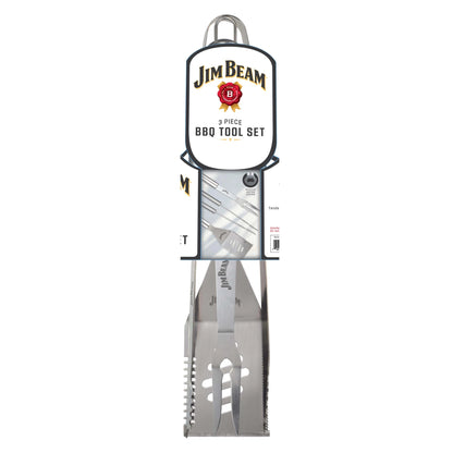 The Jim Beam 3 Piece BBQ Tool Set includes stainless steel tongs, a fork, and a spatula, all presented in a vertical white box featuring the Jim Beam logo at the top.