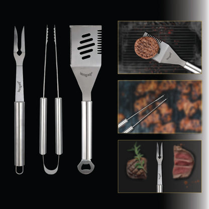 On the left, the Jim Beam 3 Piece BBQ Tool Set—Grilling Fork, tongs, and spatula—is shown. On the right, close-ups feature these Jim Beam tools grilling meat, flipping a patty, and holding steak slices.