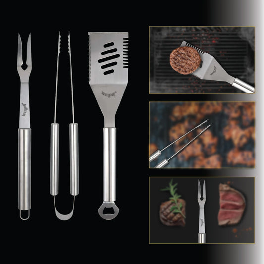 On the left, the Jim Beam 3 Piece BBQ Tool Set—Grilling Fork, tongs, and spatula—is shown. On the right, close-ups feature these Jim Beam tools grilling meat, flipping a patty, and holding steak slices.