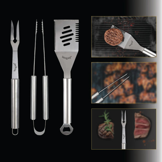 The Jim Beam 3 Piece BBQ Tool Set by Jim Beam features stainless steel tongs, a spatula with a bottle opener, and a BBQ fork, all arranged vertically on a white background to showcase this essential grilling set.