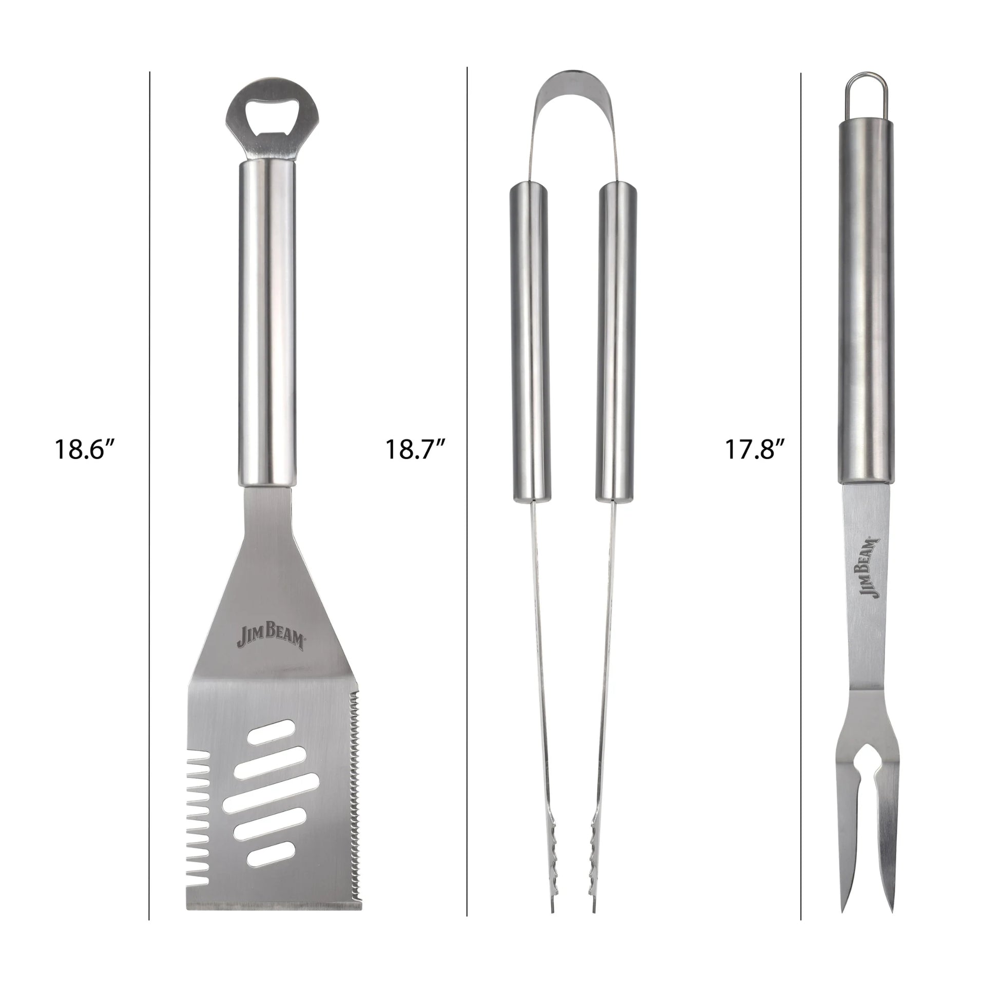 The Jim Beam 3 Piece BBQ Tool Set by Jim Beam features a spatula (18.6), tongs (18.7), and grilling fork (17.8) displayed vertically on a white background, each with its length labeled beside it.
