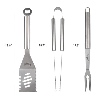 The Jim Beam 3 Piece BBQ Tool Set by Jim Beam features a spatula (18.6), tongs (18.7), and grilling fork (17.8) displayed vertically on a white background, each with its length labeled beside it.