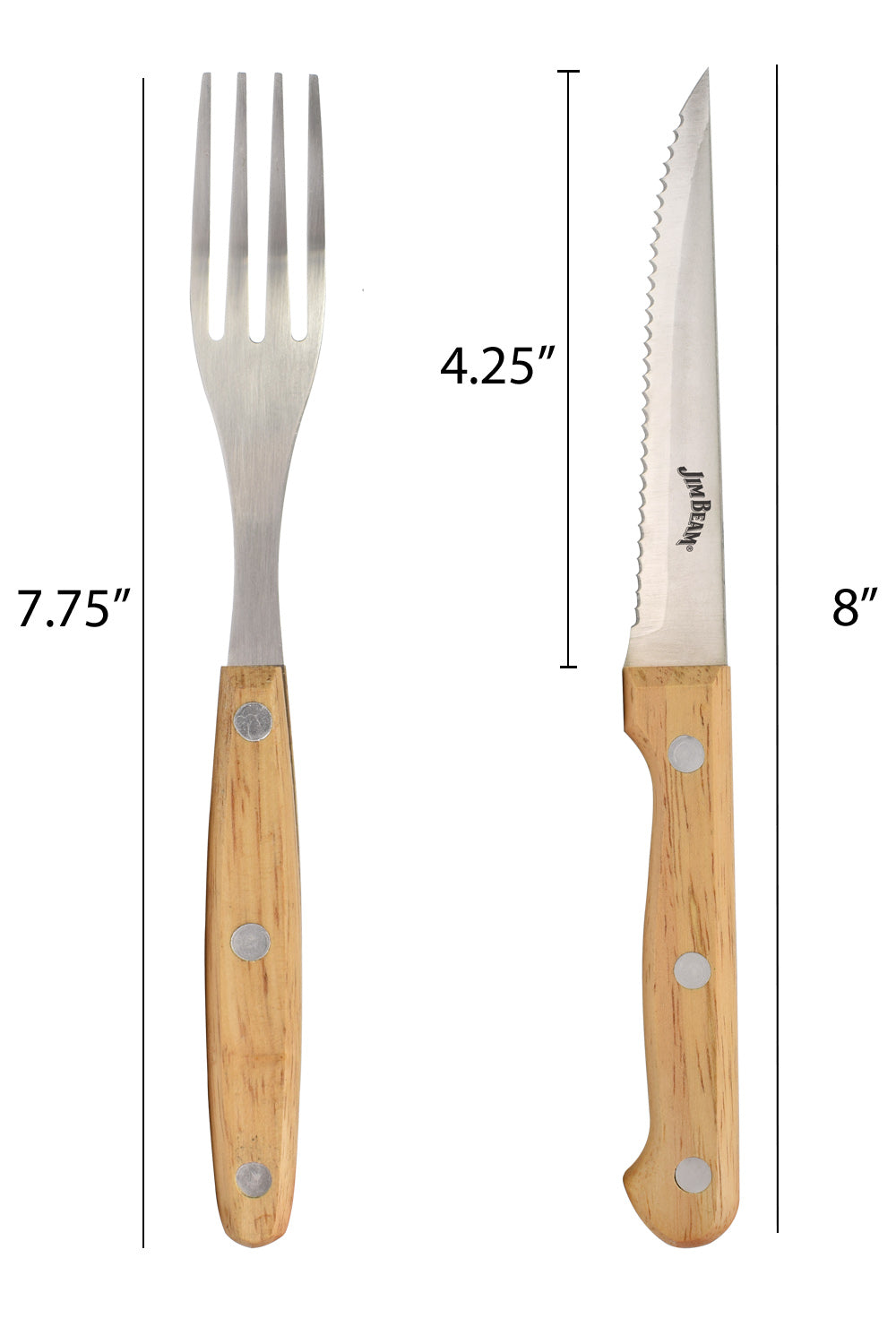 Jim Beam® 8 Piece Steak Knife and Fork Set showing dimension Knife - 8" long, Fork - 7.75" long, Blade - 4.25".