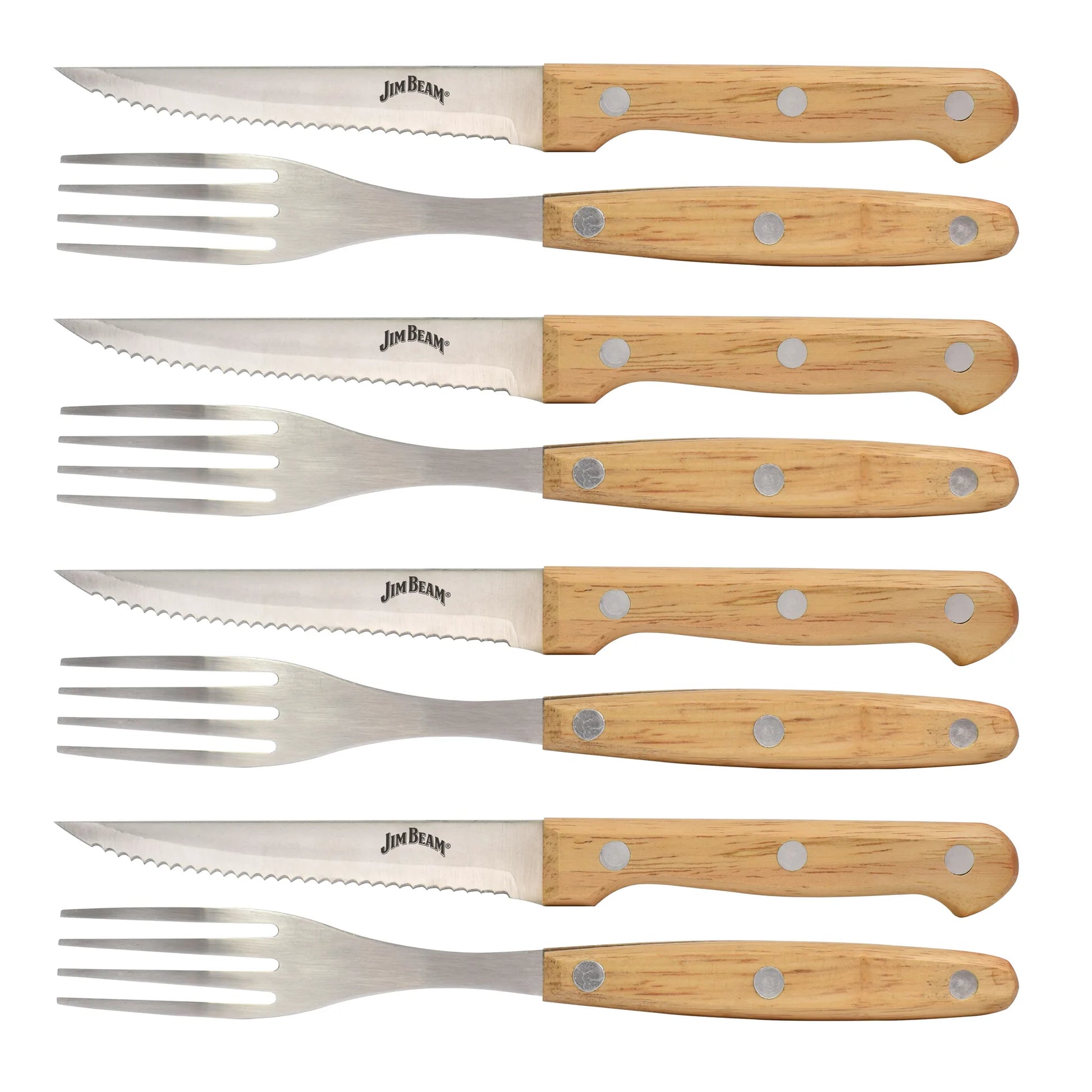 The Jim Beam 8 Piece Steak Knife and Fork Set features serrated stainless steel blades and light brown wooden handles, displayed side by side against a white background.