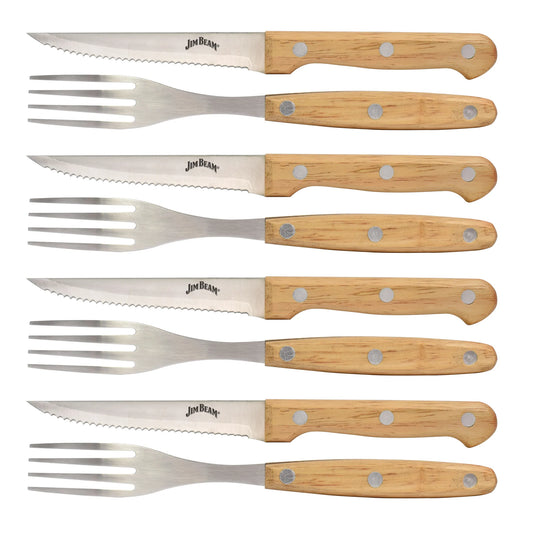 The Jim Beam 8 Piece Steak Knife and Fork Set features serrated stainless steel blades and light brown wooden handles, displayed side by side against a white background.