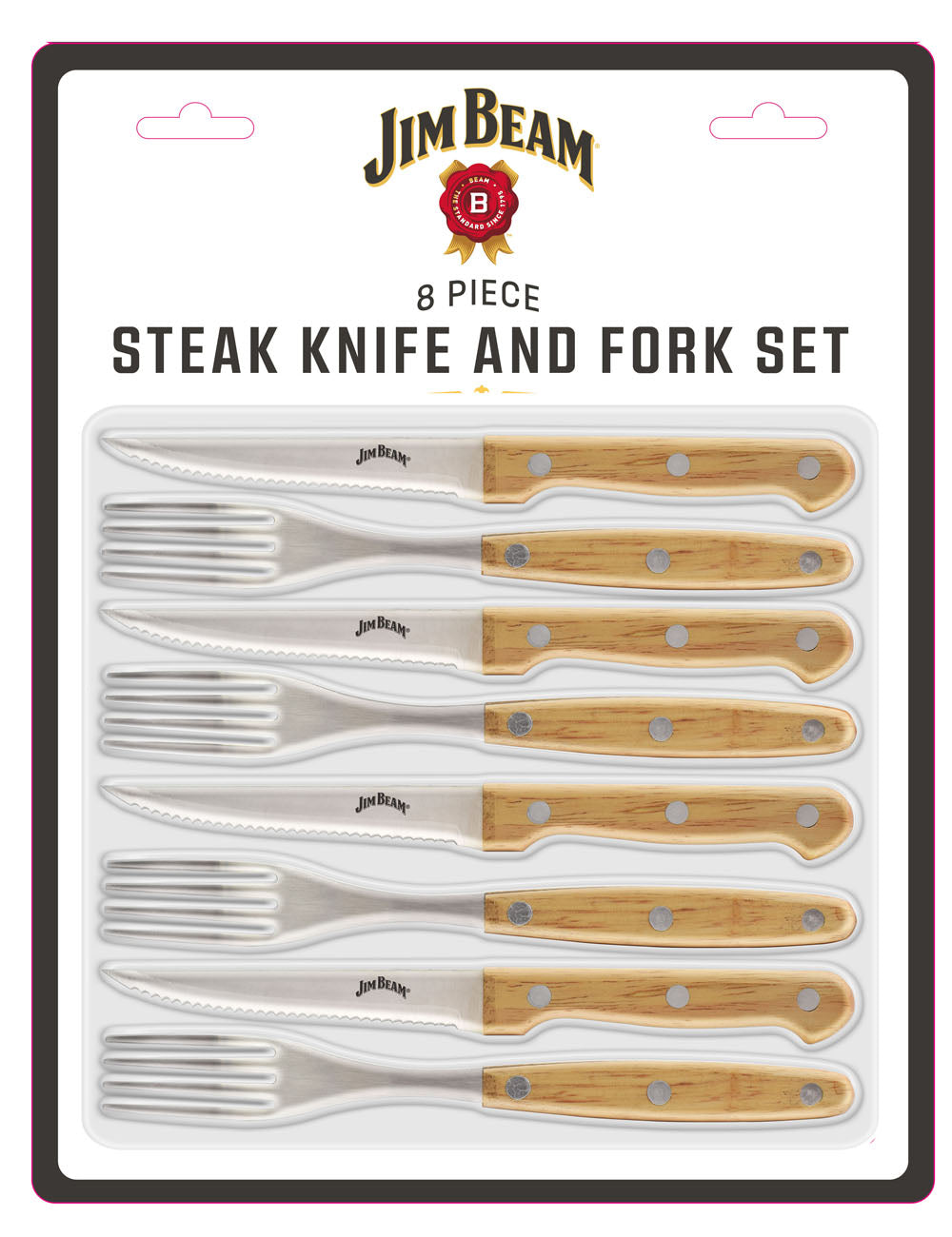 Jim Beam® 8 Piece Steak Knife and Fork Set Packaging box displaying on white background.