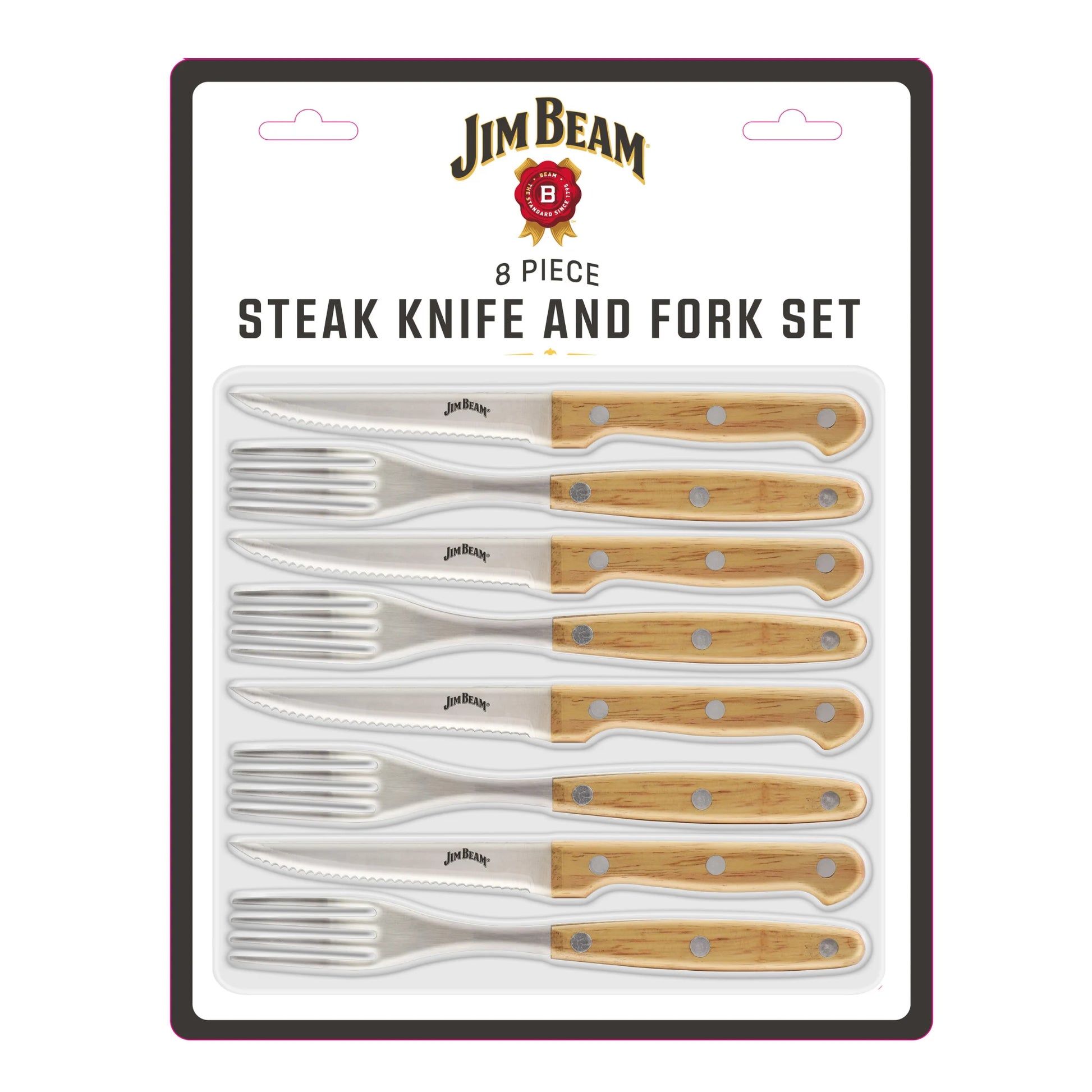 The Jim Beam 8 Piece Steak Knife and Fork Set features four serrated steak knives and four forks with stainless steel blades and wooden handles, all displayed on a white background.