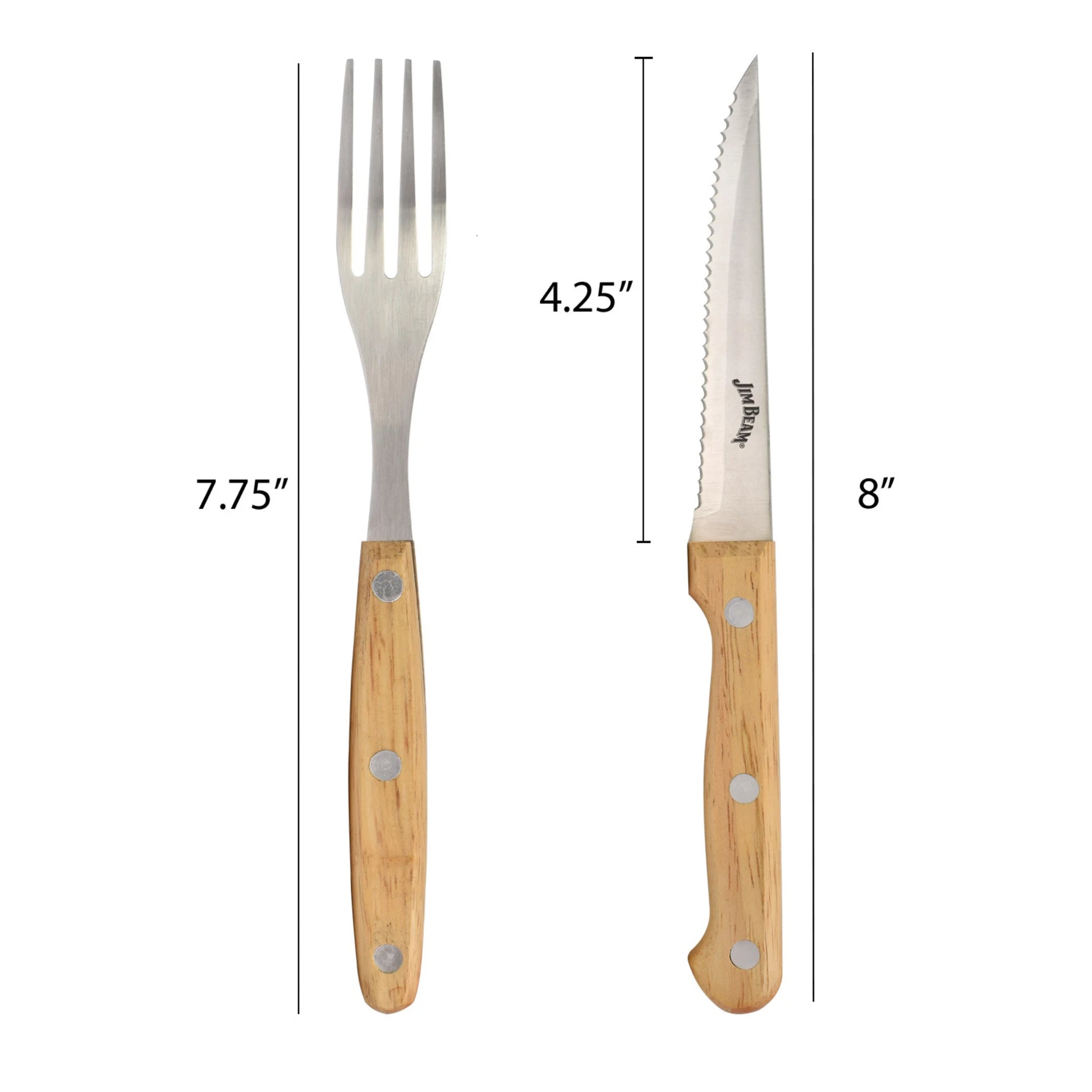 The Jim Beam 8 Piece Steak Knife and Fork Set features a metal fork with a wooden handle (7.75) and a serrated stainless steel steak knife with wooden handle (8), both shown vertically on a white background.
