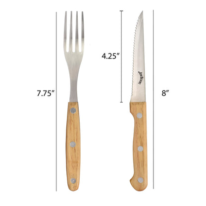 The Jim Beam 8 Piece Steak Knife and Fork Set features a metal fork with a wooden handle (7.75) and a serrated stainless steel steak knife with wooden handle (8), both shown vertically on a white background.