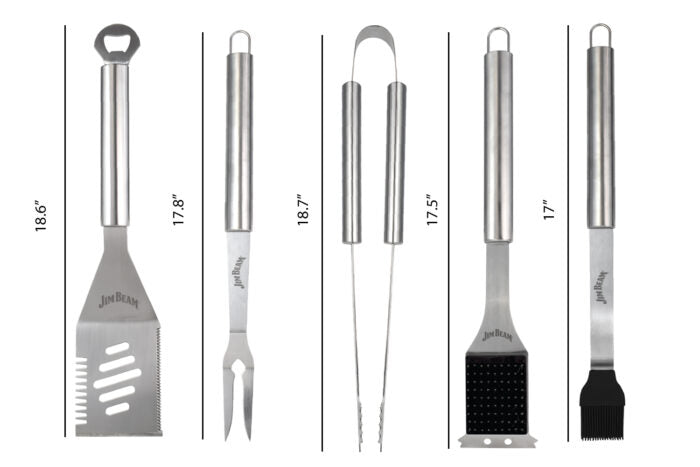 Jim Beam® 5 Piece BBQ Tool Set Stainless Steel displaying Product Size