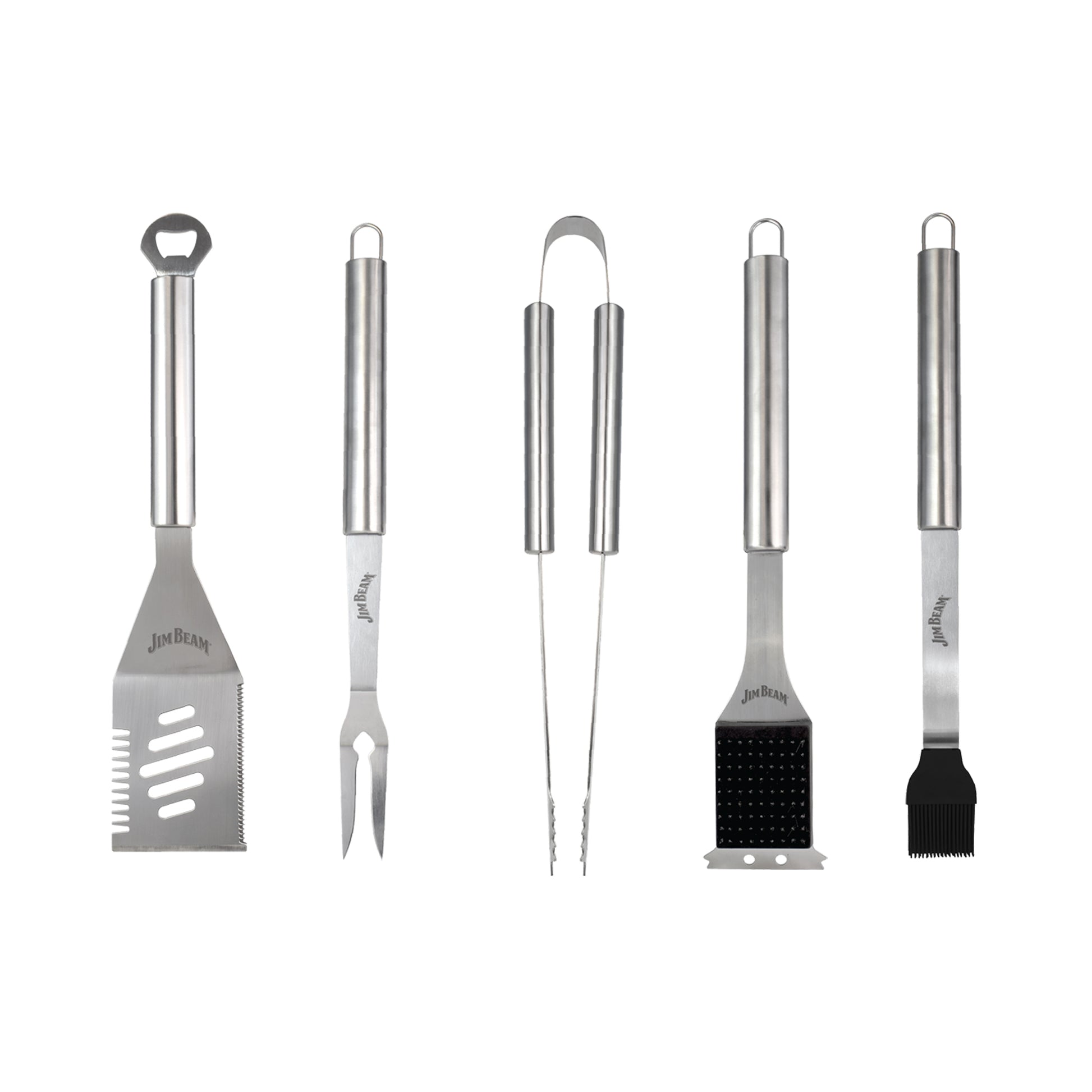 Jim Beam® 5 Piece BBQ Tool Set Stainless Steel displaying on a white background.