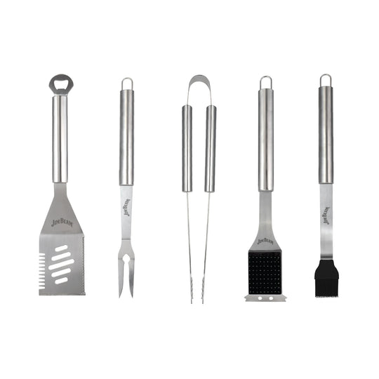 The Jim Beam 5-Piece BBQ Tool Set includes a slotted spatula with a bottle opener, meat fork, tongs, grill brush with scrubber, and basting brush—each stainless steel tool features a hanging loop for convenience.