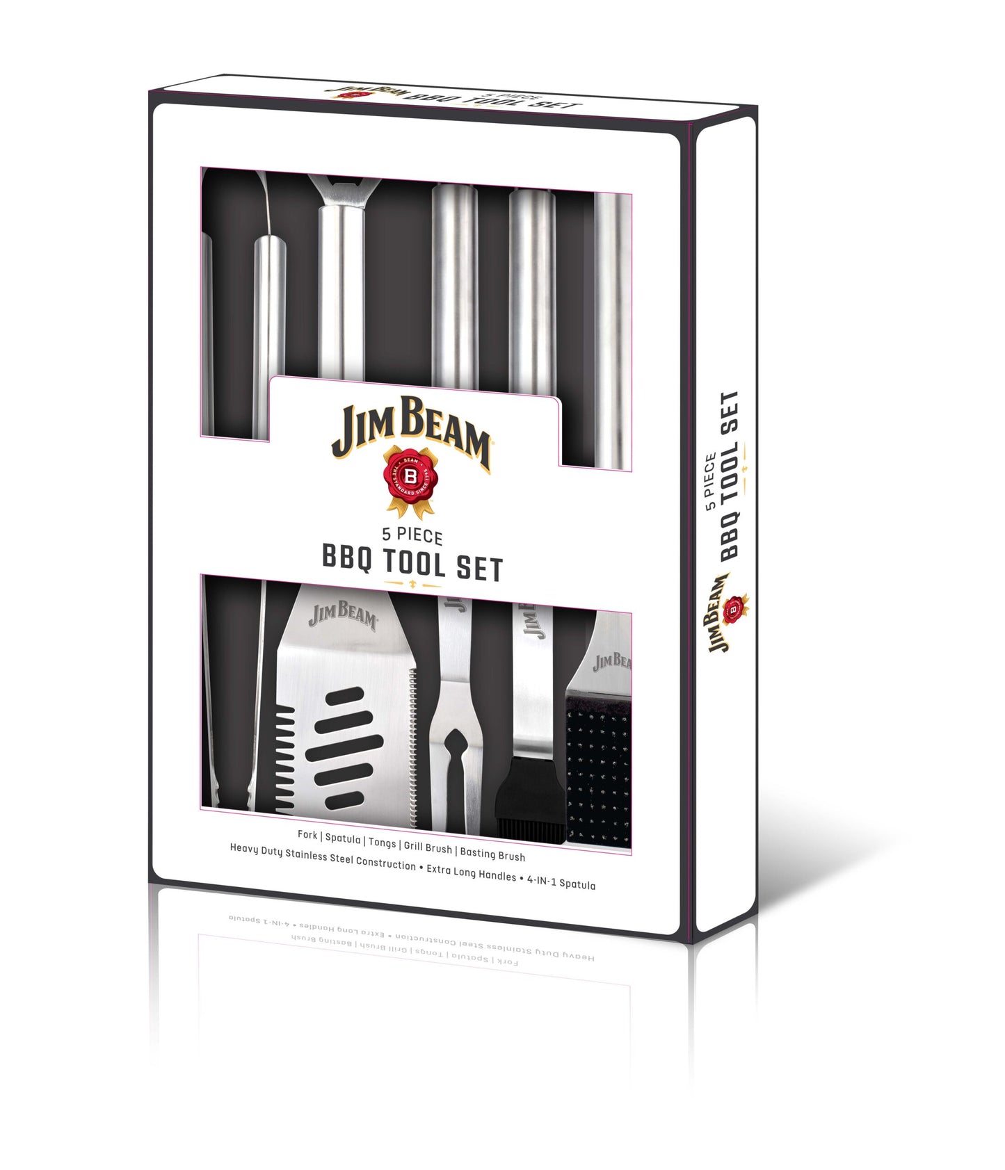 Jim Beam® 5 Piece BBQ Tool Set Stainless Steel Packaging box on white background.