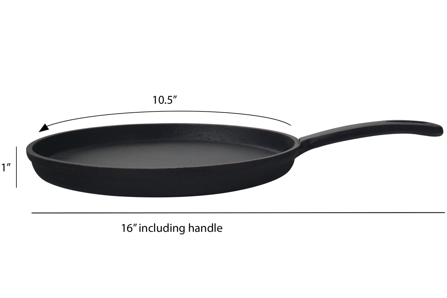 Jim Beam® Black Cast Iron 10.5" Griddle with handle showing dimension 10.5" x 16" including handle x 1".