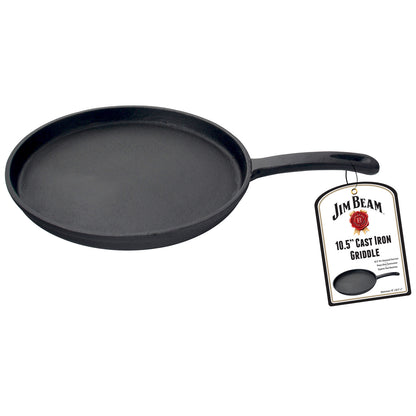 Jim Beam® Black Cast Iron 10.5" Griddle with handle and white label is on a white background.