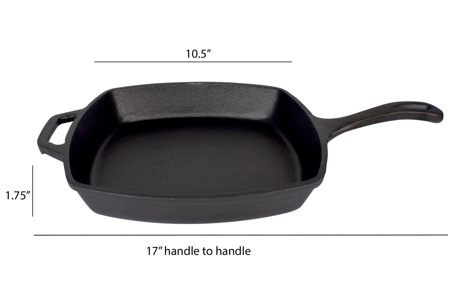 Jim Beam® Black Square Cast Iron 10.5" Skillet with handle showing dimension 17" x 10.5" x 1.75".