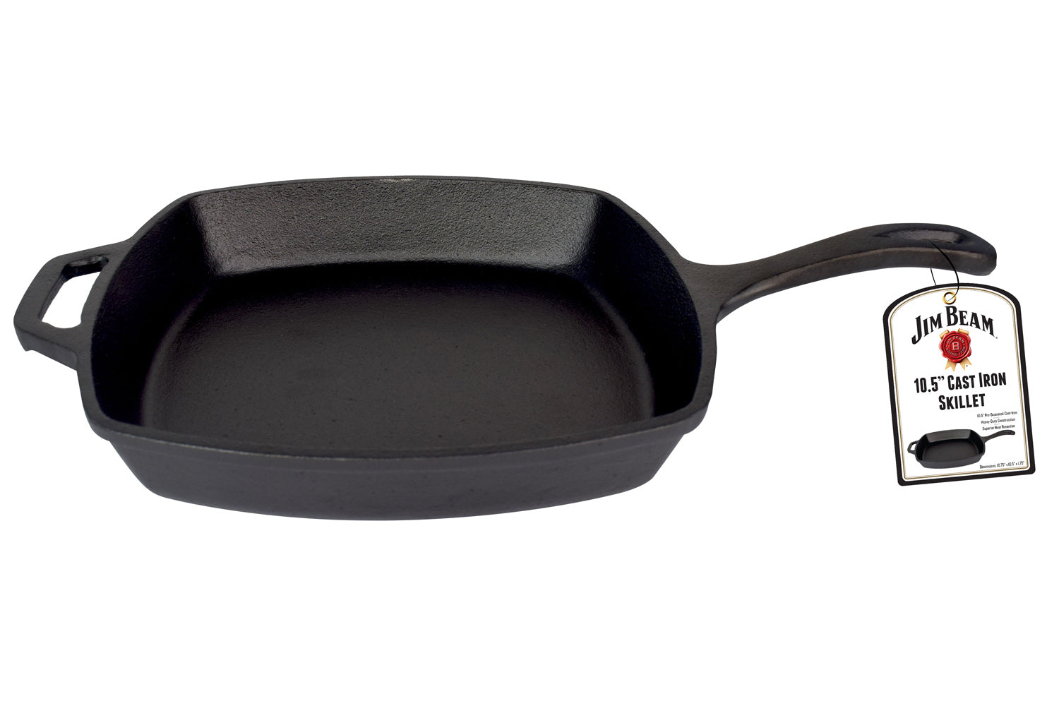 Jim Beam® Black Square Cast Iron 10.5" Skillet with handle and white label displaying on white background.