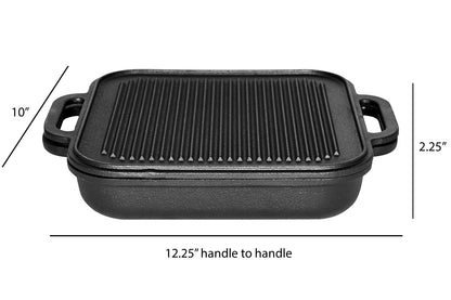 Jim Beam® black cast iron skillet and griddle set, dimensions shown: 10 inches width, 12.25 inches across handles, and 2.25 inches deep.