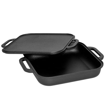 Jim Beam® black cast iron skillet and griddle set, both with handles, isolated on a white background.